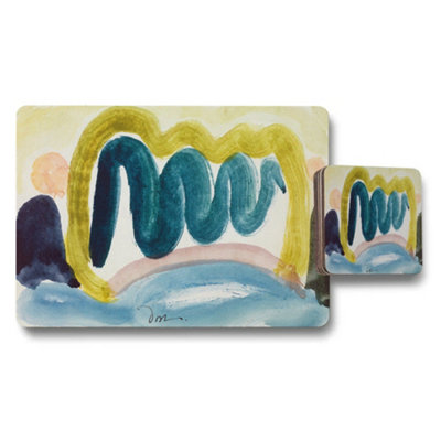 Benjamin Tate Design Abstract Art Placemat And Coaster Set With Blue Yellow Swirl Design from B&Q