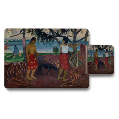 B&Q -  Placemat And Coaster Set Tahitian Beach Scene Artwork