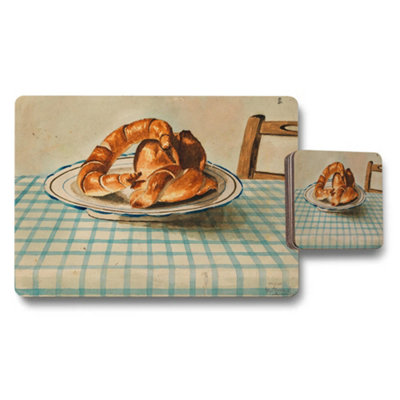 Benjamin Tate Design Croissant On Plate Placemat And Coaster Set With Checkered Tablecloth from B&Q