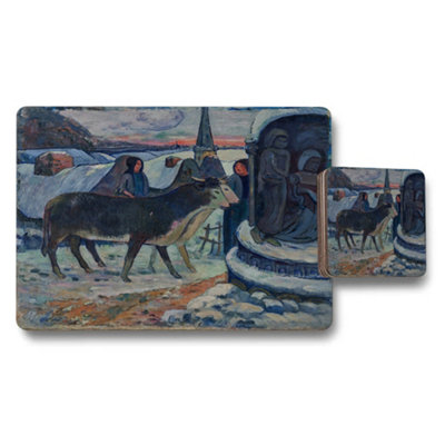 B&Q -  Impressionist Style Placemat And Coaster Set With Village Scene Painting