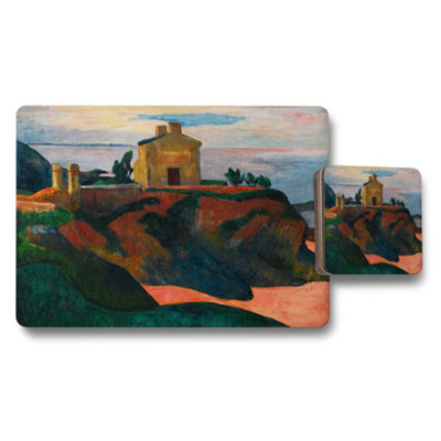 Benjamin Tate Design Coastal Cliff House Art Placemat And Coaster Set By Ocean View from B&Q