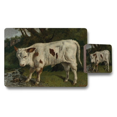 B&Q -  Cow Themed Placemat And Coaster Set With Rustic Landscape Painting