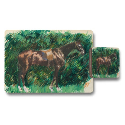 Benjamin Tate Design Horse Themed Placemats And Coaster Set With Green Forest Artwork from B&Q