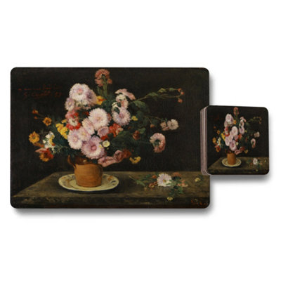 B&Q -  Floral Still Life Placemat And Coaster Set With Vase Bouquet