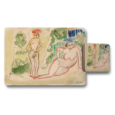 B&Q -  Nude Figure Garden Art Placemat And Coaster Set Watercolor Sketch