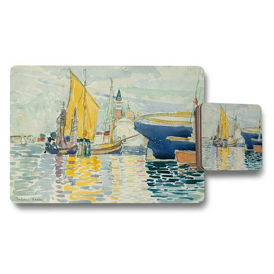 B&Q -  Placemat Coaster Set With Harbor Boat Scene Art Print