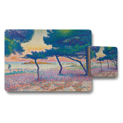 B&Q -  Impressionist Beach And Pine Tree Landscape Placemat Coaster Set