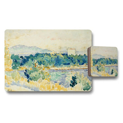 B&Q -  Watercolor Landscape Placemat And Coaster Set With Scenic River View