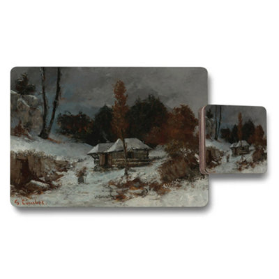 B&Q -  Winter Snow Scene Placemat And Coaster Set With Rustic Cabin Art