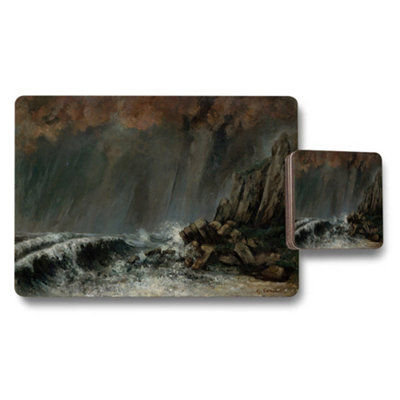 B&Q -  Stormy Seascape Placemat And Coaster Set With Rocky Coast Artwork