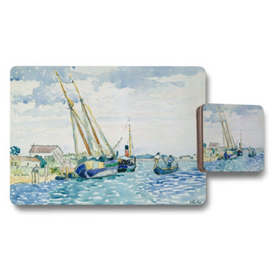 B&Q -  Seaside Harbor Boats Impressionist Placemat And Coaster Set