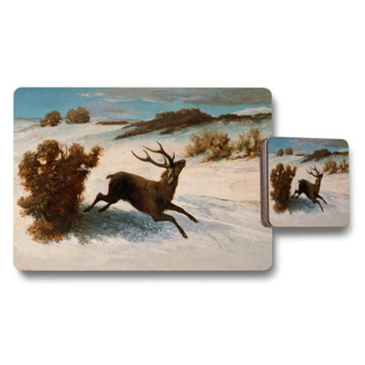 Benjamin Tate Design Beautiful Winter Scene Deer On Snow Placemat And Coaster Set from B&Q