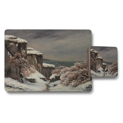 B&Q -  Winter Landscape Placemats And Coasters Set Snowy Cliff Scene