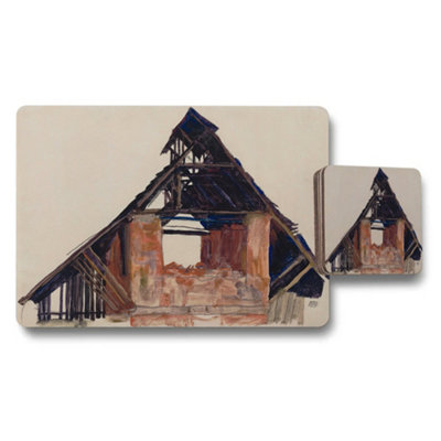 B&Q -  Placemat And Coaster Set With Rustic House Artwork