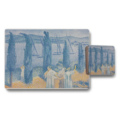 Benjamin Tate Design Impressionist Seascape Placemat And Coaster Set With Blue Waterfront Artwork