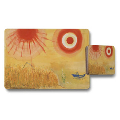 B&Q -  Abstract Sun Artwork Placemats And Coaster Set With Bold Yellow Tones