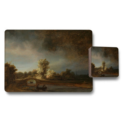 B&Q -  Landscape River Scene Placemats And Coasters Set With Vintage Artwork