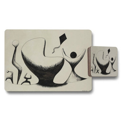 B&Q -  Abstract Art Placemat And Coaster Set Black White Modern Dining