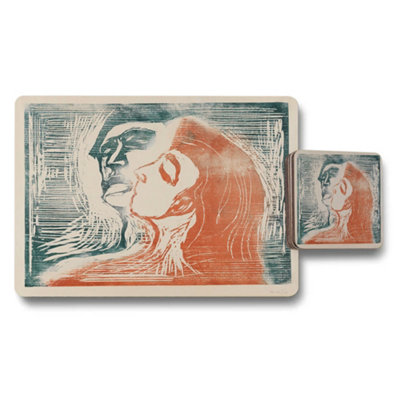 B&Q -  Placemat And Coaster Set With Abstract Blue And Red Portrait Artwork