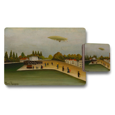 B&Q -  Vintage Scenic Placemat And Coaster Set With Airship Artwork