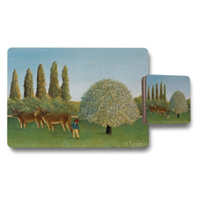 B&Q -  Pastoral Landscape Placemats And Coasters Set With Trees And Cows