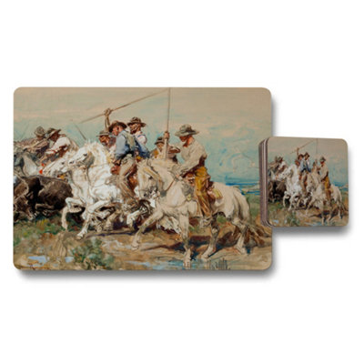 Benjamin Tate Design Western Cowboy Scene Placemat Coaster Set With Horsemen Artwork from B&Q