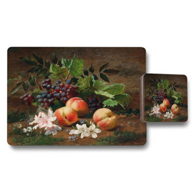 B&Q -  Fruit Still Life Placemat And Coaster Set With Peaches And Grapes