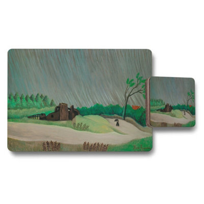 B&Q -  Rustic Landscape Placemat And Coaster Set With Rainy Weather Scene