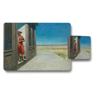B&Q -  Coastal Scene Placemat And Coaster Set With Red Dress Woman Artwork