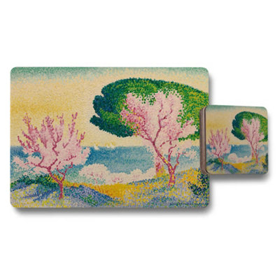 B&Q -  Scenic Landscape Placemat And Coaster Set With Colorful Trees Artwork