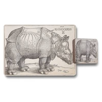 B&Q -  Rhinoceros Illustration Placemat And Coaster Set Vintage Style