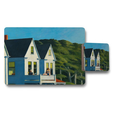 B&Q -  Placemat And Coaster Set With Blue House Landscape Artwork