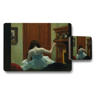 B&Q -  Placemat And Coaster Set Featuring Woman In Blue Dress By Fireplace
