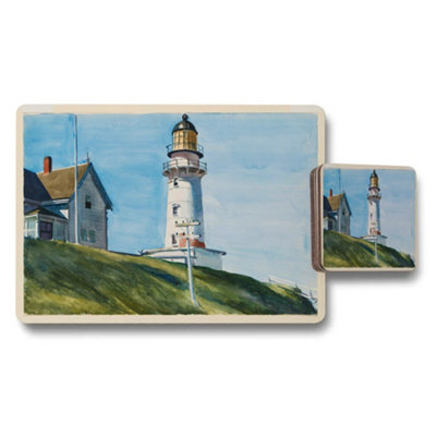 Benjamin Tate Design Lighthouse Placemats And Coasters Set With Seaside Landscape