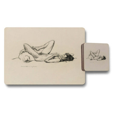 B&Q -  Nude Figure Art Placemats And Coasters Set Featuring Sketch Drawing
