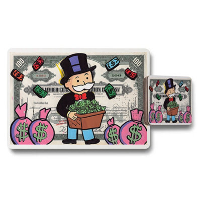 B&Q -  Money Themed Placemat And Coaster Set With Cartoon Cash Bags