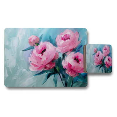 B&Q -  Pink Peony Placemat And Coaster Set Floral Kitchen Decor