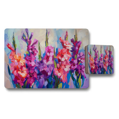 B&Q -  Abstract Floral Placemat And Coaster Set With Bright Purple Pink Flowers
