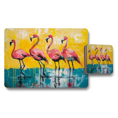 Benjamin Tate Design Flamingo Art Placemats And Coaster Set Tropical Pink Birds Design from B&Q