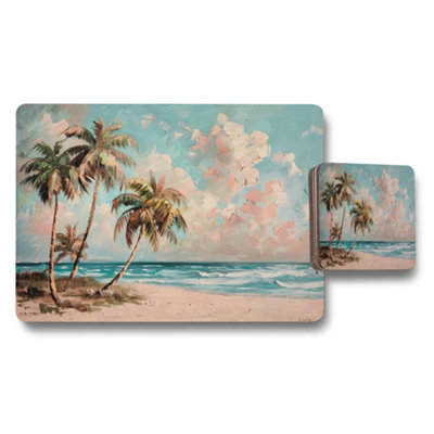 Benjamin Tate Design Tropical Beach Palm Trees Placemats And Coasters Set from B&Q