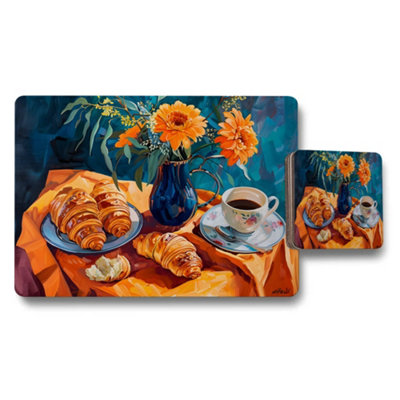 B&Q -  Artistic Breakfast Placemats And Coaster Set With Croissants And Flowers