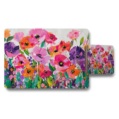 B&Q -  Colorful Floral Placemats And Coaster Set With Abstract Bloom Design