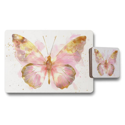 B&Q -  Watercolor Pink Butterfly Placemats And Coaster Set With Gold Accents