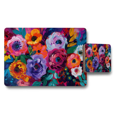 B&Q -  Vibrant Floral Placemat And Coaster Set With Multicolor Artwork