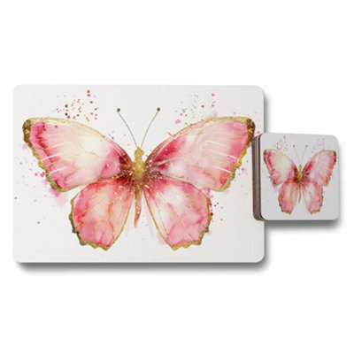 B&Q -  Pink Butterfly Placemat And Coaster Set With Gold Accents