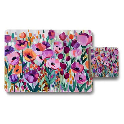 B&Q -  Floral Placemat And Coaster Set With Colorful Garden Flowers