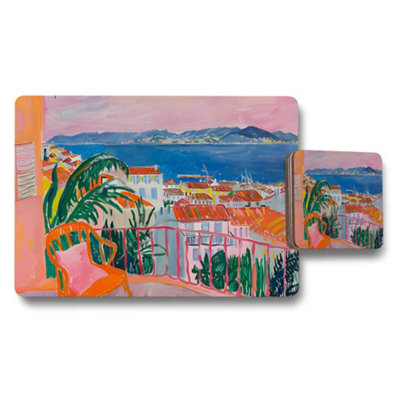 Benjamin Tate Design Colorful Seaside Town Placemat And Coaster Set With Ocean View from B&Q