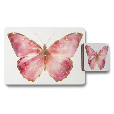 Benjamin Tate Design Pink Butterfly Coaster And Placemat Set With Gold Edges from B&Q