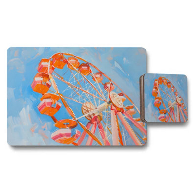 B&Q -  Ferris Wheel Placemats And Coaster Set With Colorful Carnival Print