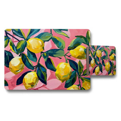 B&Q -  Lemon Blossom Placemats And Coaster Set Pink Background